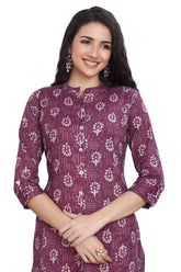 Floral Buta Print Cotton Kurti with Collar Front Slit and Pocket